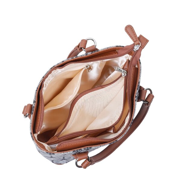 Hand Crafted Monochrome Printed Fabric Women Top Handle Handbag, Satchel Purse - Picture 5 of 11